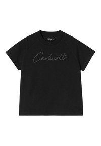 Camiseta de algodón negra con mangas raglán cortas, que presenta un sutil logo gris de "Carhartt" en la parte delantera. Cuello redondo estándar.