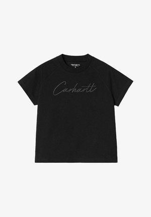 Camiseta de algodón negra con mangas raglán cortas, que presenta un sutil logo gris de "Carhartt" en la parte delantera. Cuello redondo estándar.