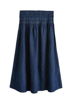 Dunkelblauer Jeansrock mit elastischem, gerafftem Bund und ausgestellter A-Linien-Silhouette.