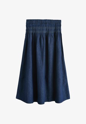 Donkerblauwe spijkerbroekrok met een elastische, geplooide tailleband en een uitlopende A-lijn silhouet.