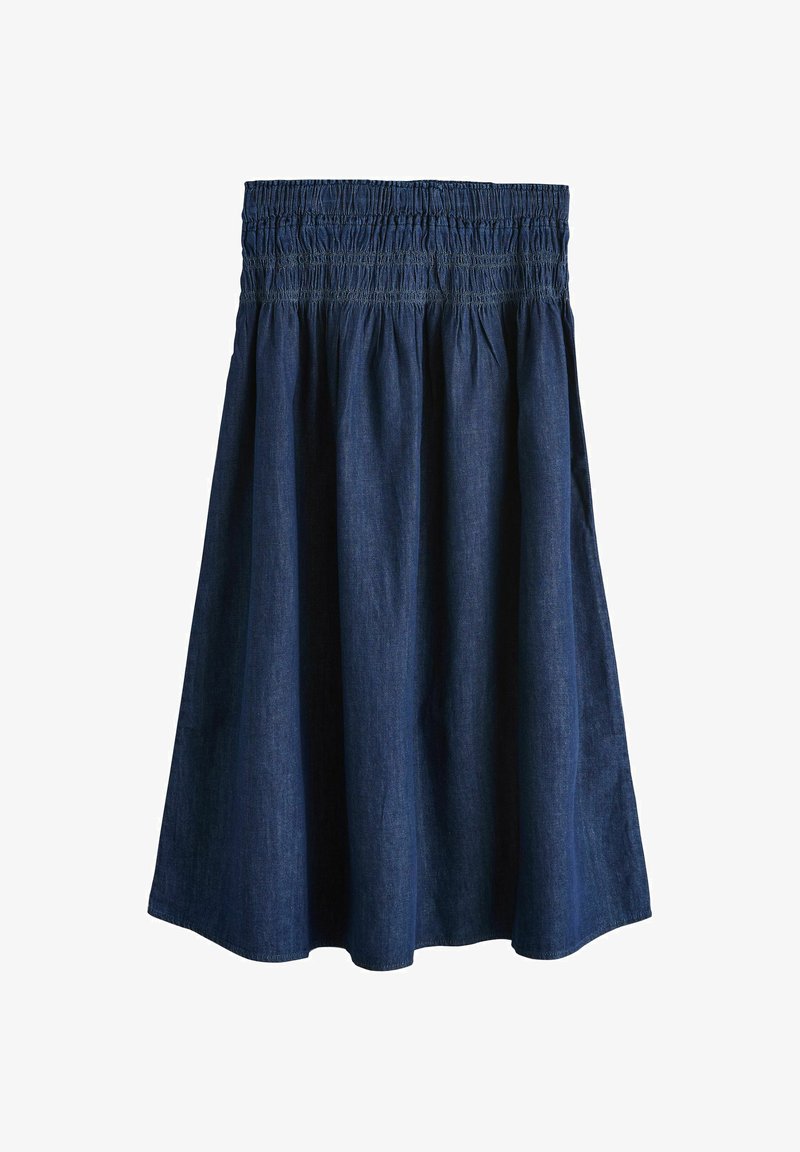 Ciemnoniebieska spódnica dżinsowa z elastycznym pasem marszczonym na gumce i rozkloszowanym krojem w literę A.