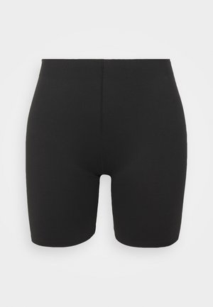 Black high-waisted shorts made of stretchy fabric. Simple design, no patterns, with a smooth texture and an above-the-knee length.