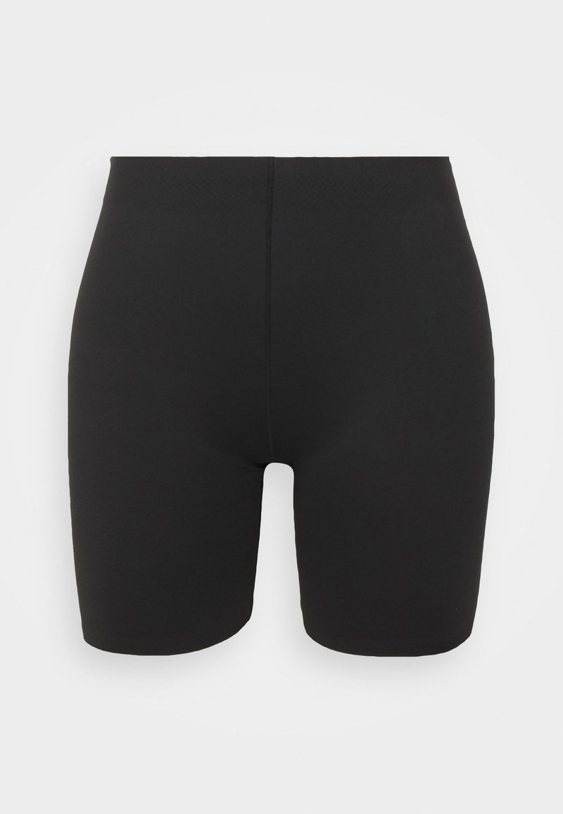 Schwarze hochgeschnittene Shorts aus dehnbarem Stoff. Einfaches Design, ohne Muster, mit einer glatten Textur und einer Länge über dem Knie.