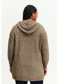 Pull en laine marron avec capuche, doté d'un motif texturé et de manches longues. L'ourlet est légèrement plus long à l'arrière.