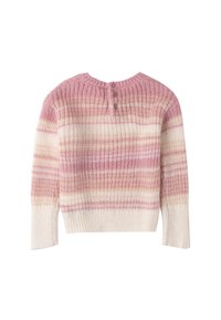 Strickpullover in Pastellrosa und Cremestreifen. Mit Rundhalsausschnitt und drei Knöpfen auf der Rückseite. Weicher, strukturierter Stoff.