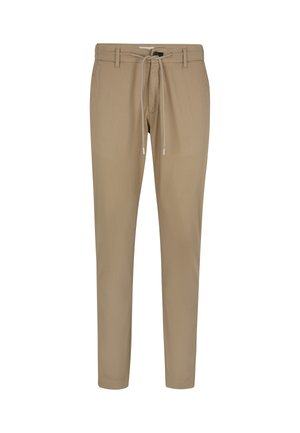 Beige, leichte Hose mit Kordelzugbund, schmalem Schnitt und glatter Textur. Verfügt über ein minimalistisches Design und dezente Muster.