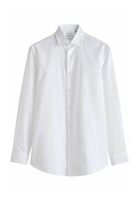 Weißes Hemd aus glattem Baumwollstoff. Verfügt über einen spitzen Kragen, lange Ärmel und einen geraden Saum, mit einem minimalistischen Design.