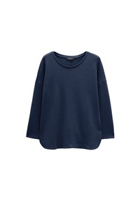 Granatowy długi rękaw sweatshirt z okrągłym dekoltem, prostym krojem i lekkim detalem szwu wzdłuż środkowej części przodu.