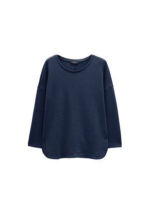 Granatowy długi rękaw sweatshirt z okrągłym dekoltem, prostym krojem i lekkim detalem szwu wzdłuż środkowej części przodu.