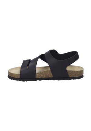 Black sandal featuring cross straps, adjustable buckle, and a cork-like sole with a textured finish. Lightweight design with a flat heel.