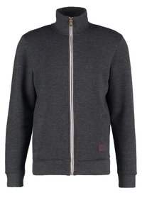 Chaqueta de cremallera de color gris oscuro, hecha de un tejido suave, con un cuello alto, puños acanalados y un parche de cuero con el logo en el dobladillo. Detalle de cremallera dorada.