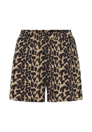 Pantalones cortos beige con un estampado de leopardo en negro y marrón oscuro y una cintura elástica.