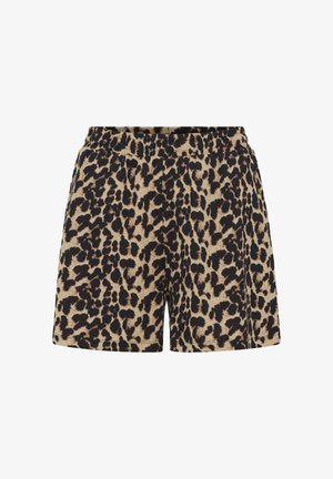 Pantalones cortos beige con un estampado de leopardo en negro y marrón oscuro y una cintura elástica.