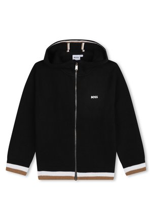 Haut à capuche noir zippé avec capuche, logo BOSS blanc sur la poitrine, et poignets et ourlet à rayures blanches et marron.