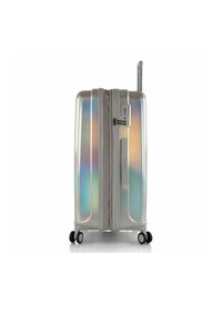 Hartschalen-Trolleykoffer aus schimmerndem Material mit Reißverschluss, seitlichem Griff, integriertem Schloss und vier schwarzen Rädern für optimale Mobilität.