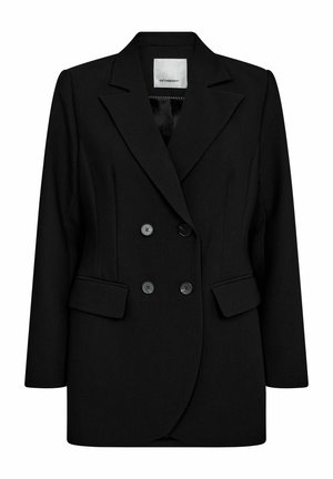 Black double-breasted blazer with a peaked lapel, two front pockets, and four buttons. Made from smooth fabric with a tailored fit.