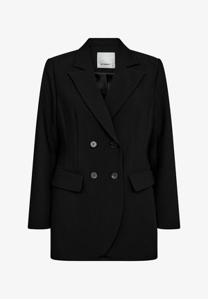 Black double-breasted blazer with a peaked lapel, two front pockets, and four buttons. Made from smooth fabric with a tailored fit.
