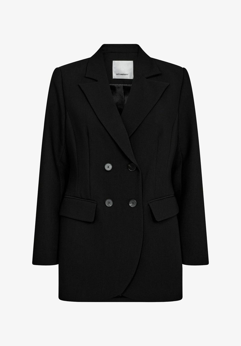 Črn dvovrstni blejzer s špičastimi reverji, dvema sprednjima žepoma in štirimi gumbi. Narejen iz gladkega blaga s krojem, ki se prilega.