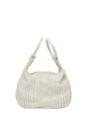 White beaded handbag with a soft textured body and two rigid cream-colored handles.