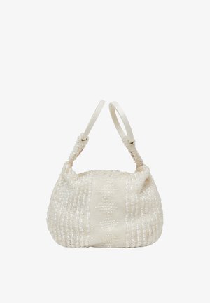 White beaded handbag with a soft textured body and two rigid cream-colored handles.