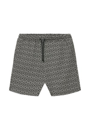 Costume da bagno nero e bianco con motivo geometrico a diamante su tutta la superficie e coulisse nera in vita elastica.