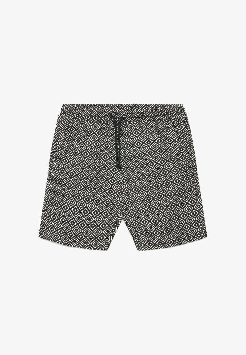 Short de bain noir et blanc avec un motif géométrique en losanges sur l’ensemble et un cordon noir à la taille élastique.