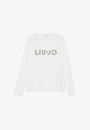 T-shirt blanc à manches longues avec le mot "LIU•JO" en strass argentés, doté d'un col rond et d'une coupe décontractée. Matière en coton doux.