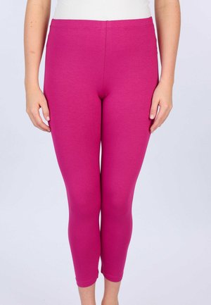 Fuchsia Leggings aus dehnbarem Material, mit hohem Taillengürtel und knöchellanger Schnittform. Glatte Textur ohne sichtbare Nähte.