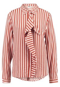 Röd- och vitrandig blus med en volang framtill, långa ärmar och knäppning. Slät tyg med krage.