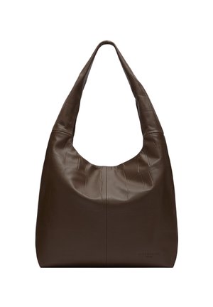 Duża brązowa skórzana torba hobo z szerokim paskiem i subtelną wytłaczaną strukturą, zaprojektowana do noszenia na ramieniu.