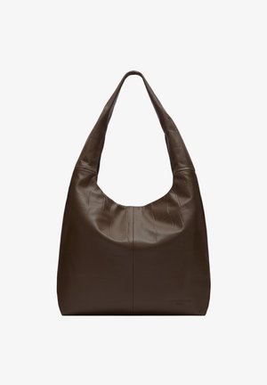 Grande borsa hobo in pelle marrone con una tracolla larga e una sottile texture a rilievo, progettata per il trasporto a spalla.