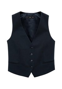 Marineblaues Vest mit tiefem V-Ausschnitt, fünf Knöpfen vorne, zwei Seitentaschen und einer glatten Stoffstruktur. Keine Ärmel, taillierte Passform.