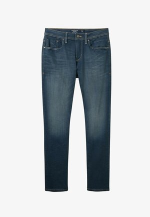 Blugi din denim albastru închis, cu croială slim, design cu cinci buzunare și cusături contrastante aurii. Ușoară decolorare pe coapsele din față și tiv curat.