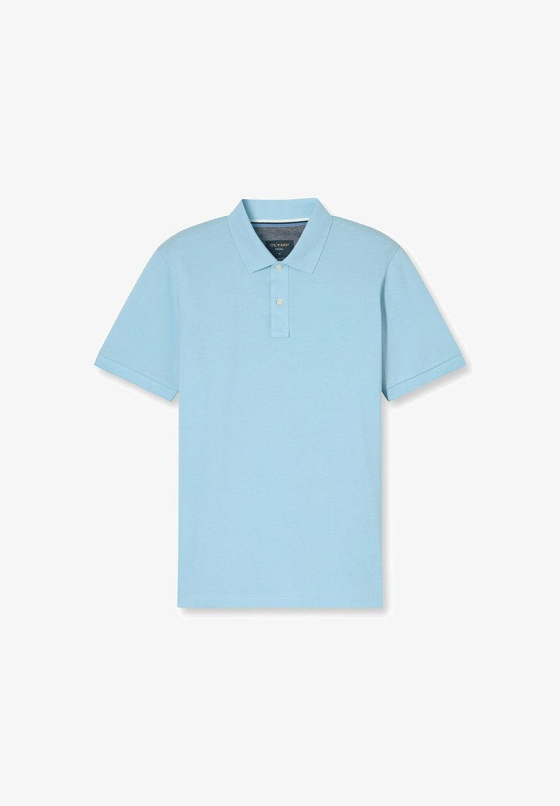 Lichtblauwe polo shirt van zachte katoen. Heeft een klassieke kraag met drie knopen, korte mouwen en een rechte zoom.