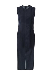 Granatowa, bezrękawnikowa sukienka dżinsowa o prostej sylwetce, z tylnym zamkiem błyskawicznym oraz rozcięciem na plecach dla wygody ruchu. Minimalistyczny design.