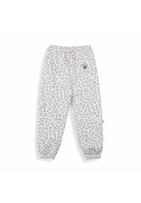 Weiße Jogginghose mit einem grauen und hellgrünen Blumenmuster. Verfügt über einen elastischen Bund, umgekrempelte Knöchel und ein kleines blaues Logo auf der Tasche.