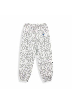 Weiße Jogginghose mit einem grauen und hellgrünen Blumenmuster. Verfügt über einen elastischen Bund, umgekrempelte Knöchel und ein kleines blaues Logo auf der Tasche.