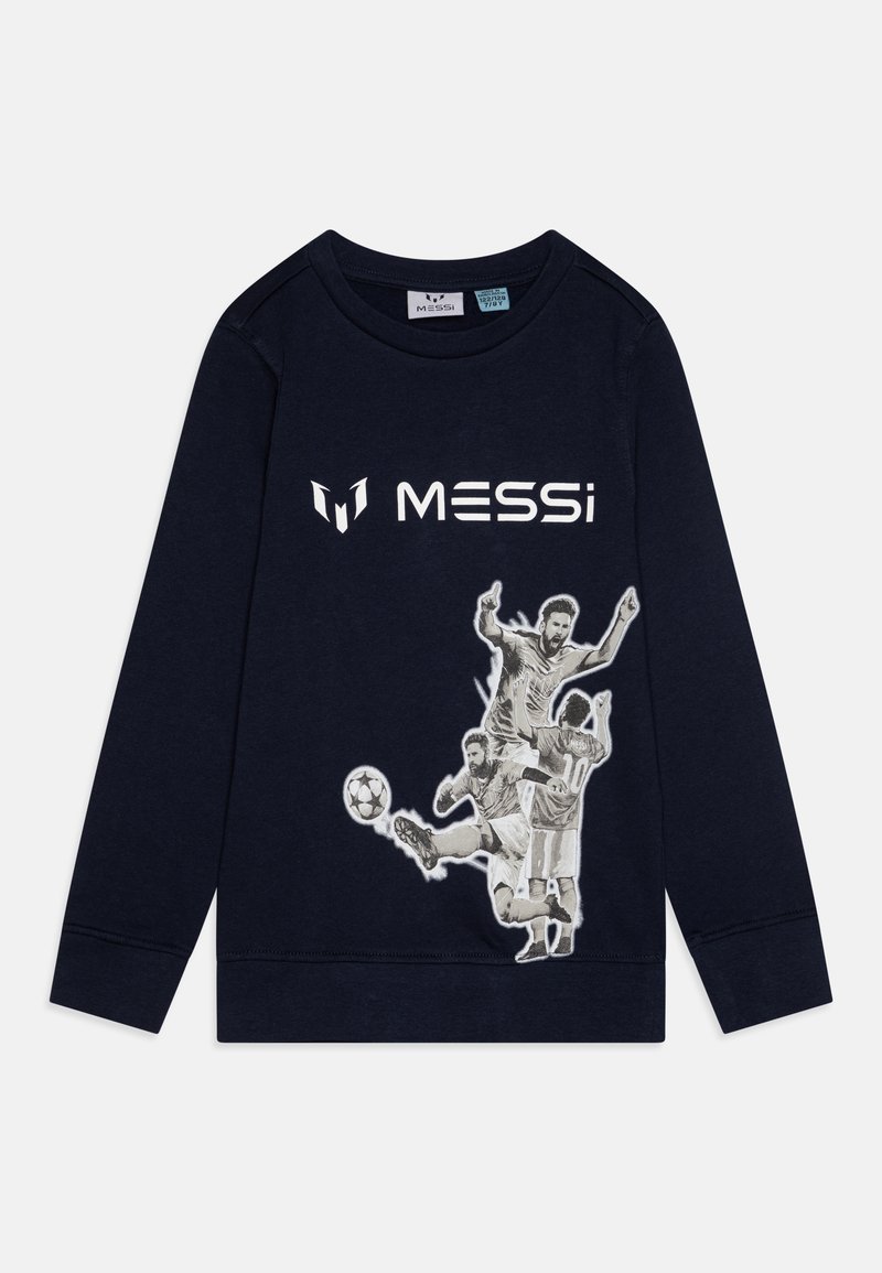 Sweatshirt azul-marinho feito de algodão com mangas longas, apresentando uma estampa gráfica de jogadores de futebol e o texto "MESSi" em branco.