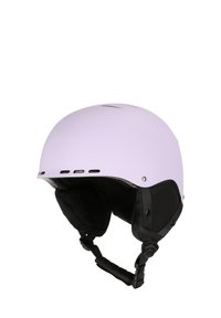 Lys lilla skihjelm med mat finish, sort polstret indre, ventilationshuller og justerbar rem for sikker pasform.