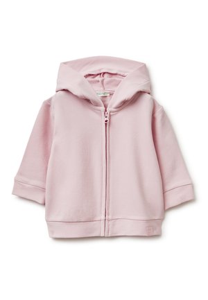 Weicher rosa Zip-Hoodie für Kleinkinder mit langen Ärmeln und angenähter Kapuze aus Fleece-Stoff, auf weißem Hintergrund dargestellt.