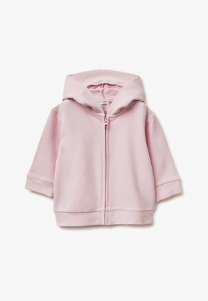 Felpa con zip rosa tenue per bambini piccoli, con maniche lunghe e cappuccio attaccato, realizzata in tessuto pile, mostrata su sfondo bianco.