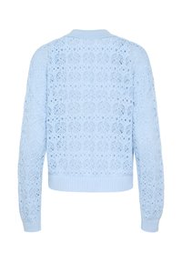 Gaiši zils adīts džemperis ar ziedu mežģīņu rakstu, ribotu piedurkņu un apakšmalu. Iezīmējas ar apaļu kakla izgriezumu un atvērtu muguras dizainu.