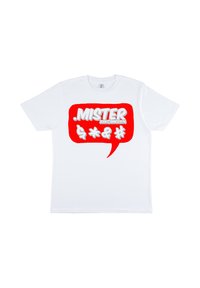 Hvid bomulds t-shirt med en stor rød taleboble-grafik, der har teksten ".MISTER ZEEK@SINCE1976" og symboler i hvidt.