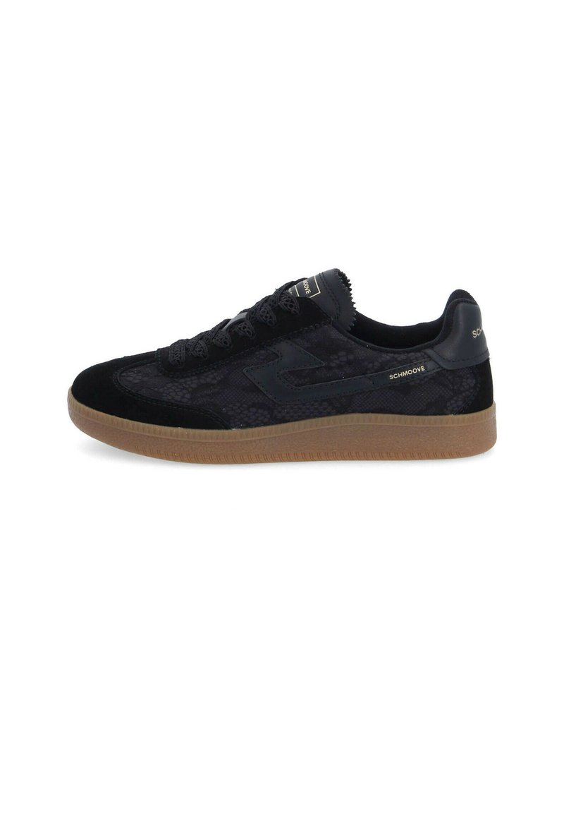 Black sneakers featuring a textured fabric upper, suede accents, and a gum rubber sole. Includes contrasting branding on the side and tongue.