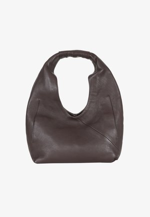 Brown leather hobo bag with a smooth texture, rounded top handle, and diagonal seam detail. Features two side pockets for storage.