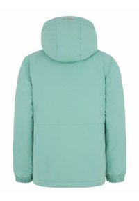 Veste imperméable vert menthe avec capuche, poignets élastiques et texture lisse. Présente un logo au dos et un design minimaliste.