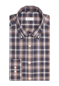 Camicia button-up con un motivo a quadri nei colori marrone, blu navy e azzurro chiaro. Presenta un colletto ampio, maniche lunghe e bottoni bianchi.