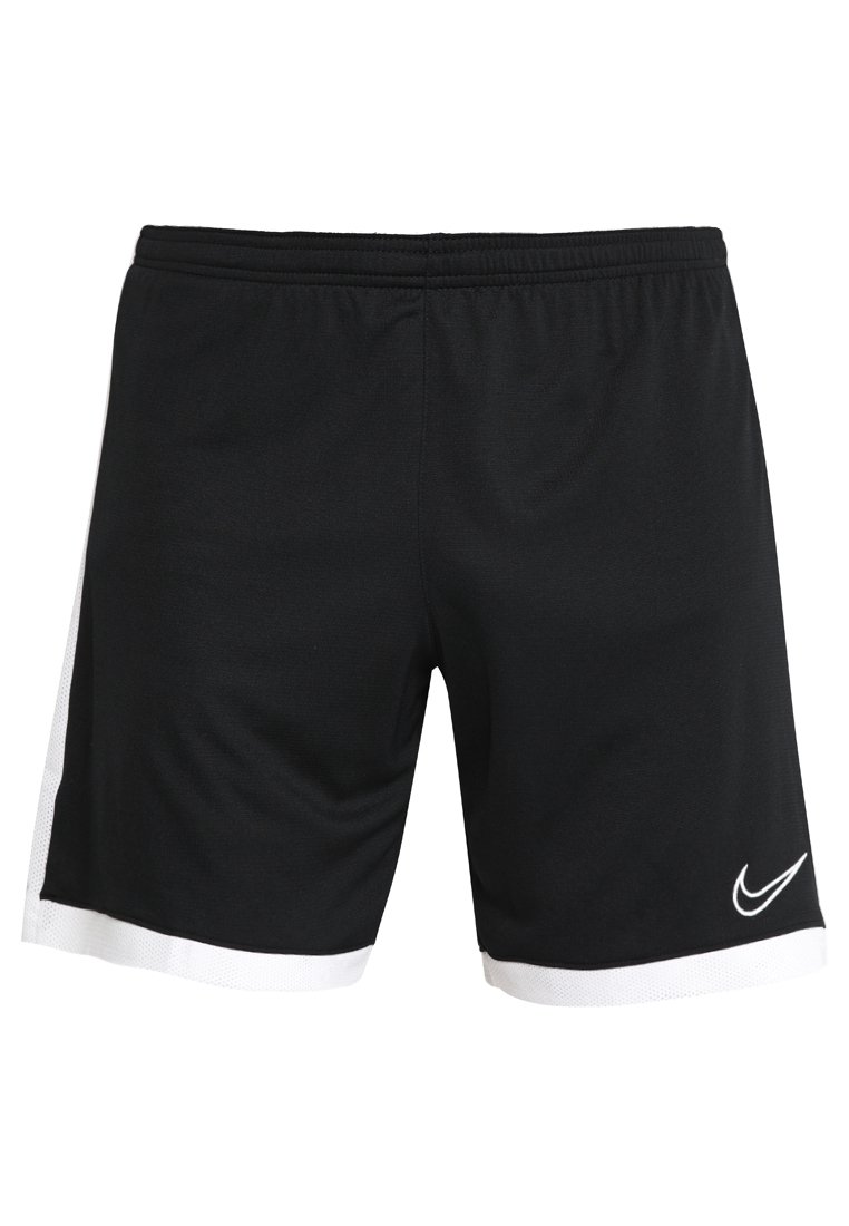 Shorts de sport noirs avec panneaux latéraux et ourlet blancs, taille élastique et logo blanc Nike swoosh sur la jambe gauche.