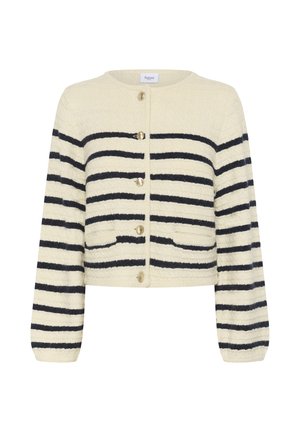 Cárdigan corto en color crema con rayas marinas, tela texturizada, cuello redondo, cuatro botones dorados y dos bolsillos delanteros.