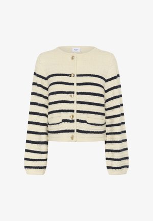 Cropped cardigan in cream with navy stripes, textured fabric, round neckline, four gold buttons, and two front pockets.